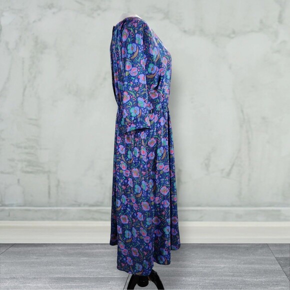 Vintage Floral Print Midi Secretary Dress Size 14 Purple Shirtwaist - Picture 3 of 16